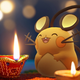 Dedenne sits on a carpet and smiles brightly as a candle flame rises from an ornate candlestick